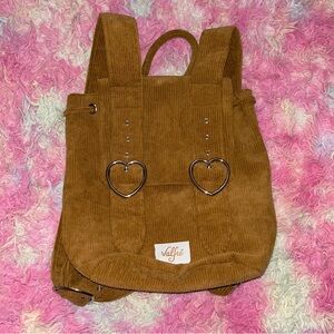 Valfre Tan Corduroy Backpack with Heart Accents